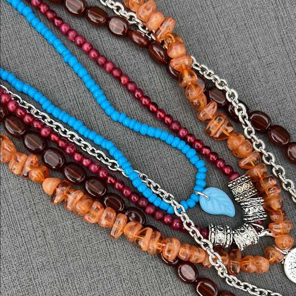 Women’s Multilayered Layer Turquoise and Silver Tree Leaf Brown Blue Necklace - Picture 7 of 9